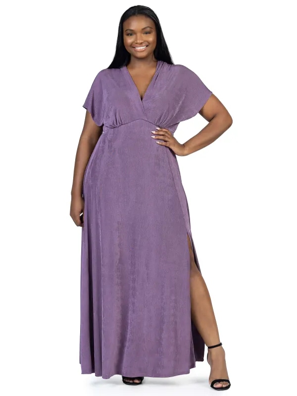 Plus Size Flutter Sleeve Metallic Knit Maxi Dress Front Slit Empire Waist sold by 24/7 Comfort Apparel