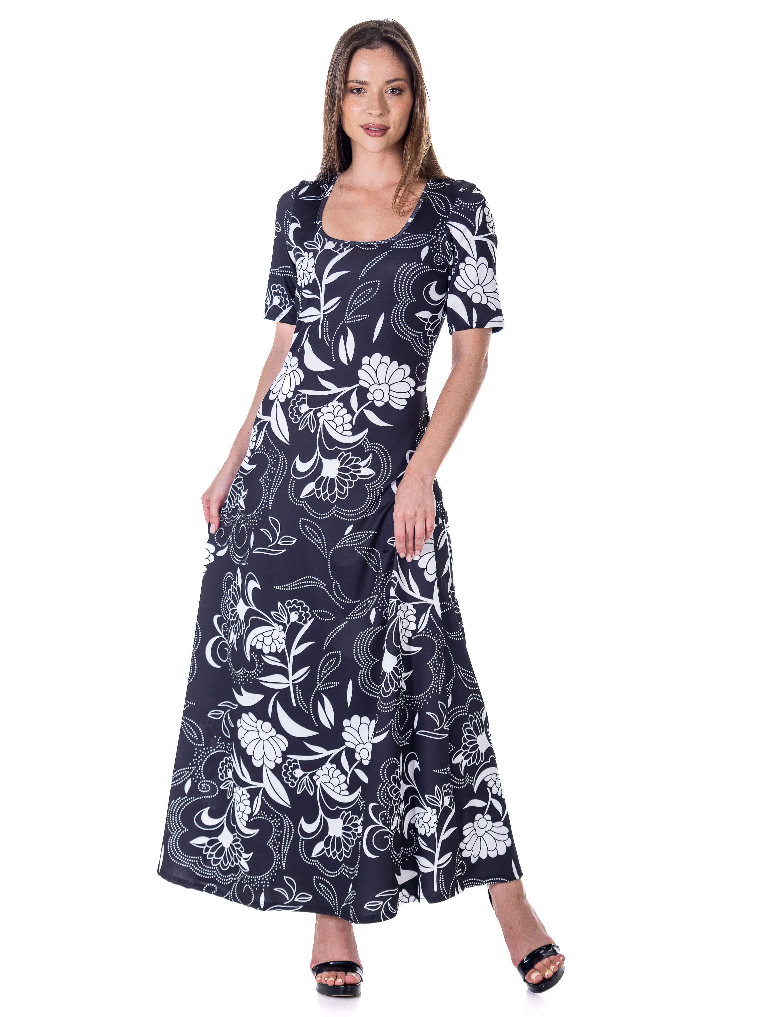 Womens Black and White Elbow Sleeve Casual A Line Maxi Dress sold by 24/7 Comfort Apparel product image thumbnail 4