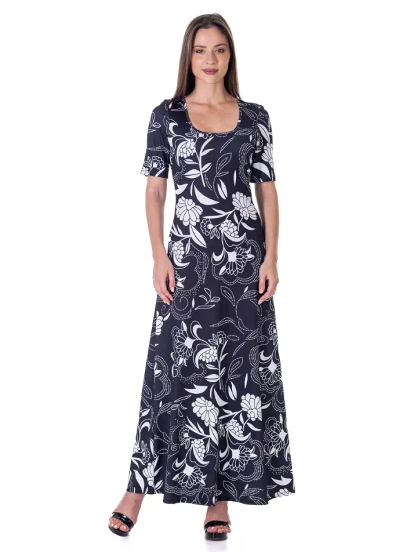 Womens Black and White Elbow Sleeve Casual A Line Maxi Dress sold by 24/7 Comfort Apparel