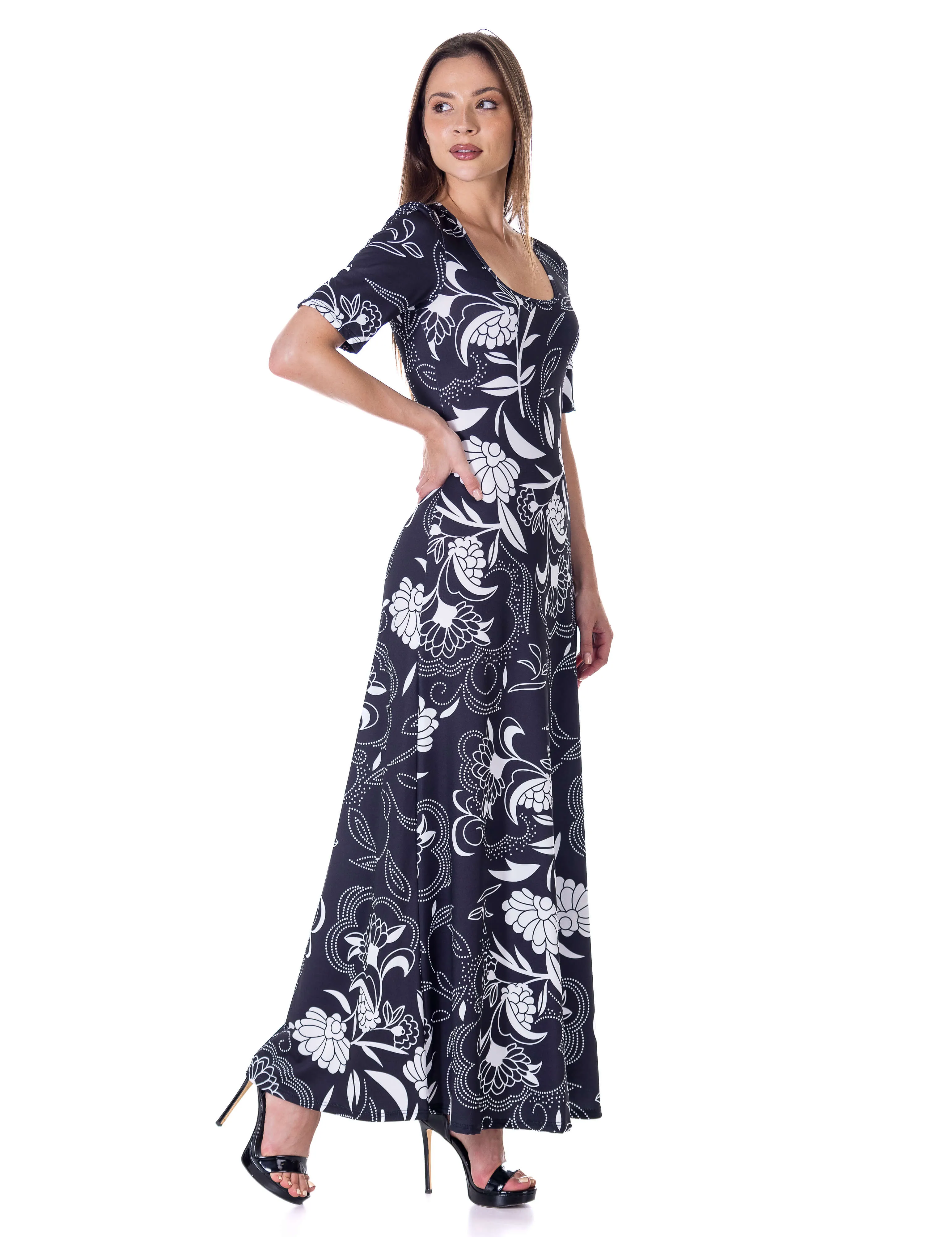 Womens Black and White Elbow Sleeve Casual A Line Maxi Dress sold by 24/7 Comfort Apparel product image thumbnail 2
