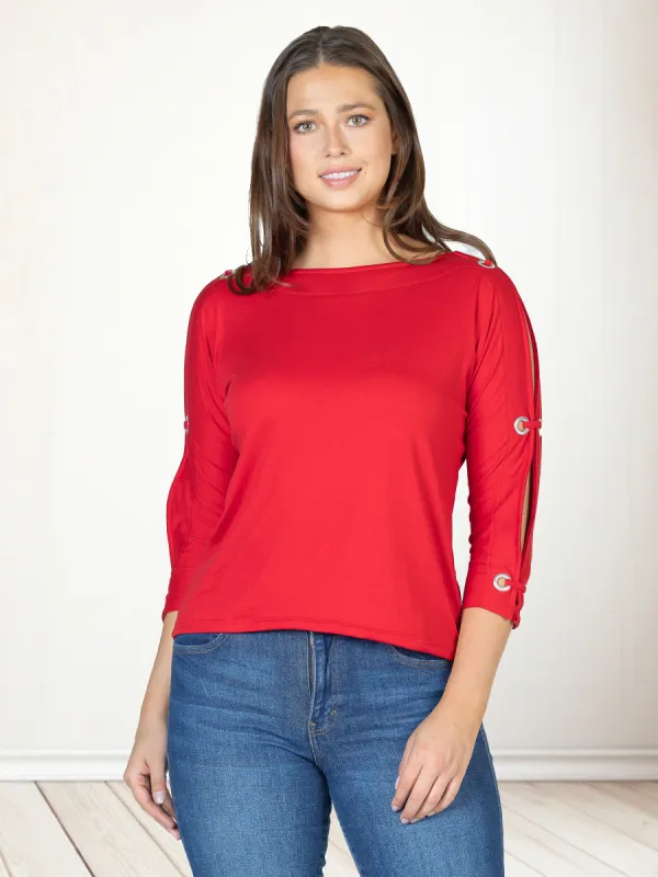 Three Quarter Sleeve Boatneck Cold Shoulder Top with Grommet Detail sold by 24/7 Comfort Apparel