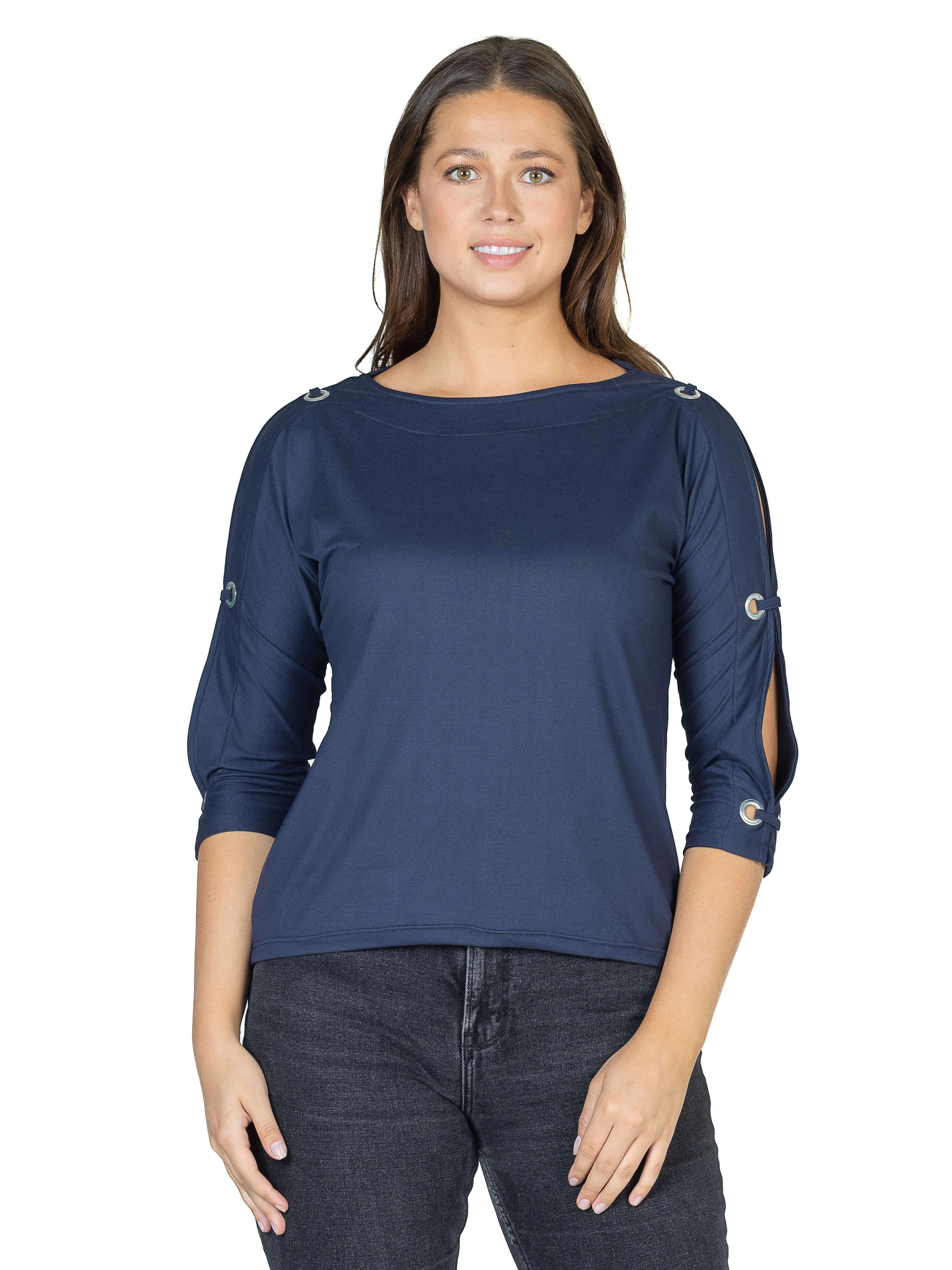 Three Quarter Sleeve Boatneck Cold Shoulder Top with Grommet Detail sold by 24/7 Comfort Apparel product image thumbnail 3