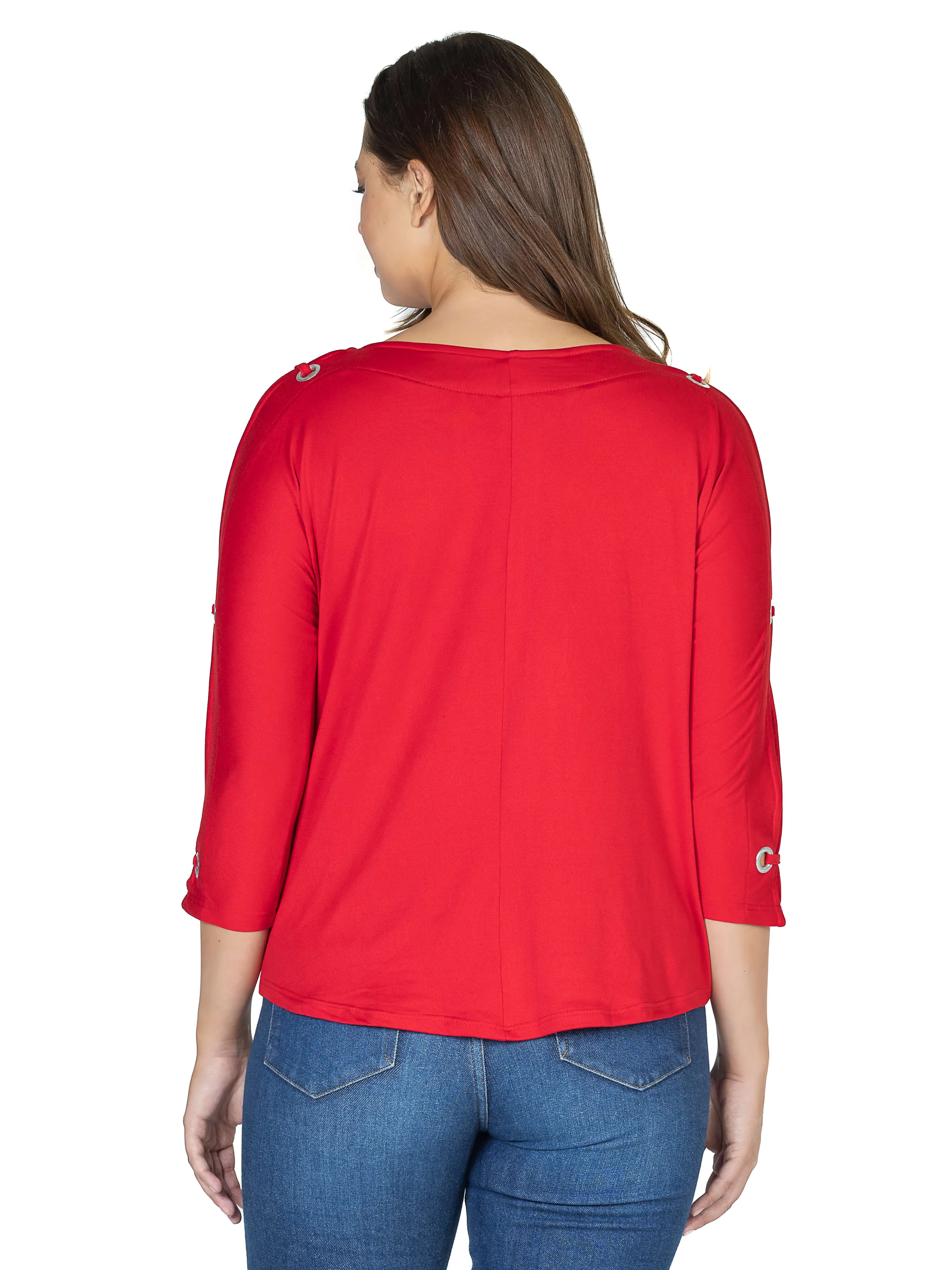 Three Quarter Sleeve Boatneck Cold Shoulder Top with Grommet Detail sold by 24/7 Comfort Apparel product image thumbnail 5