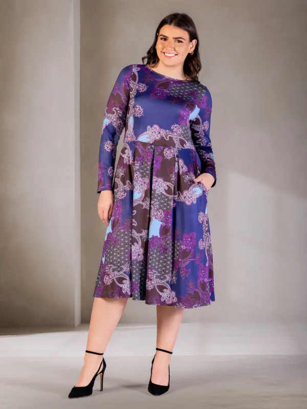 Plus Size Purple Paisley Midi Length Long Sleeve Pocket Dress sold by 24/7 Comfort Apparel
