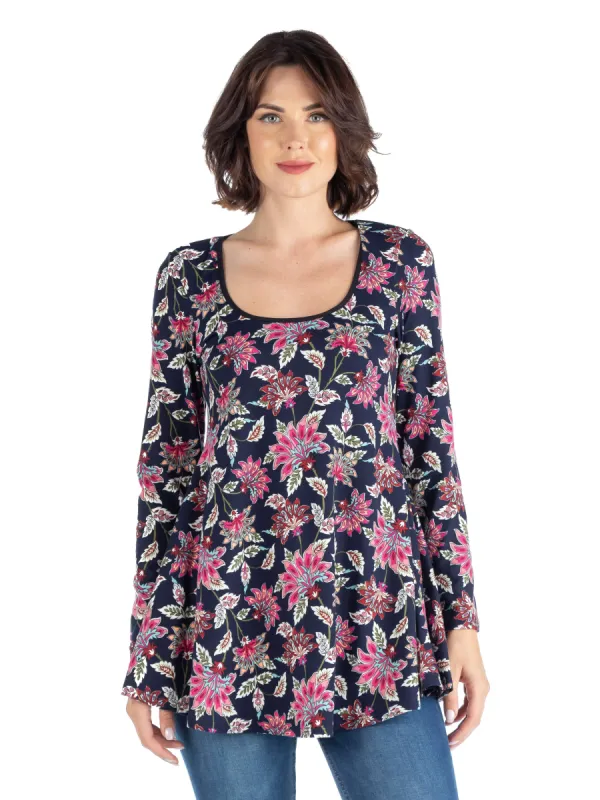 Navy Floral Print Long Sleeve Tunic Top sold by 24/7 Comfort Apparel