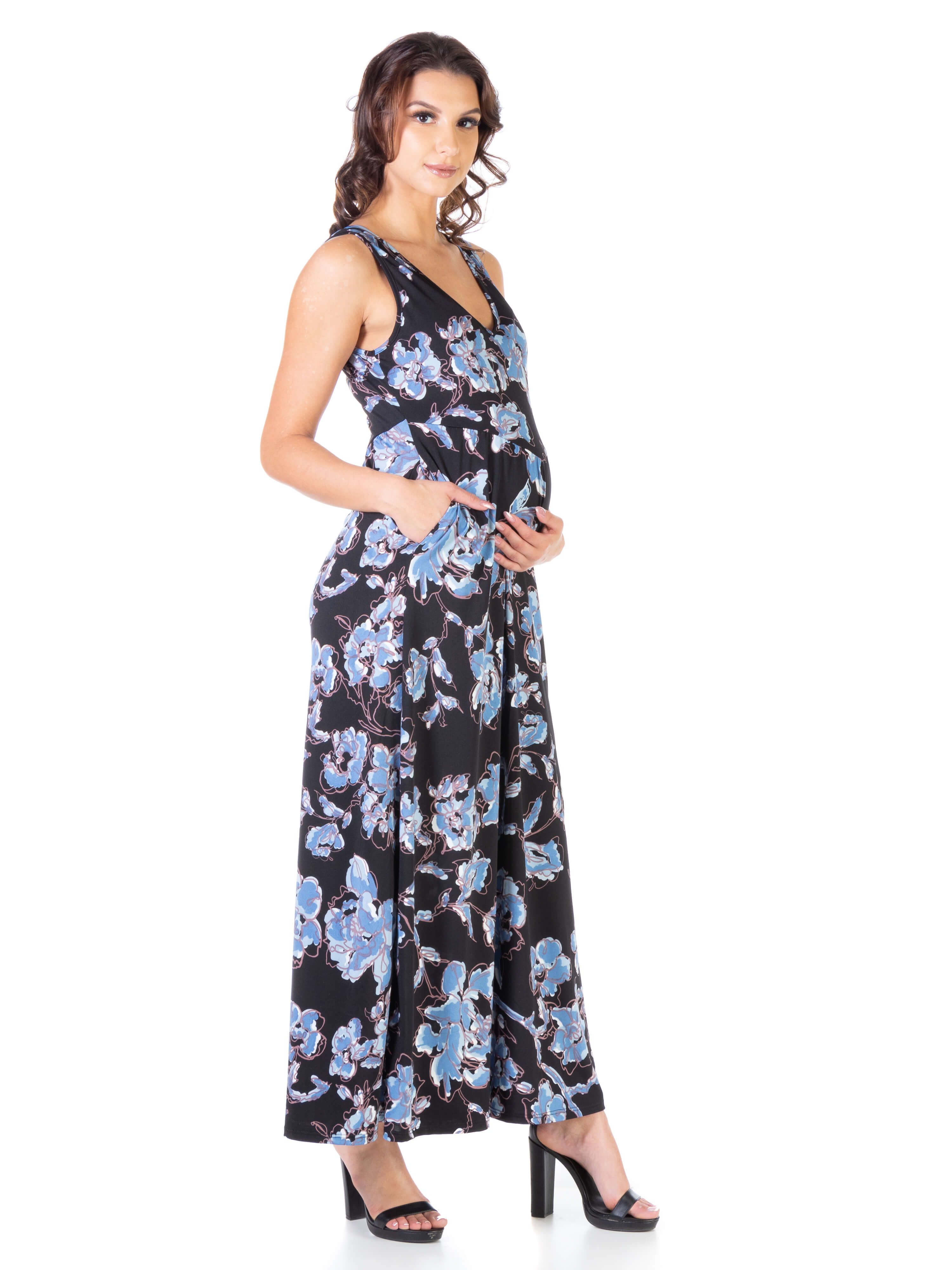 Black Floral Sleeveless Maternity Pocket Maxi Dress sold by 24/7 Comfort Apparel