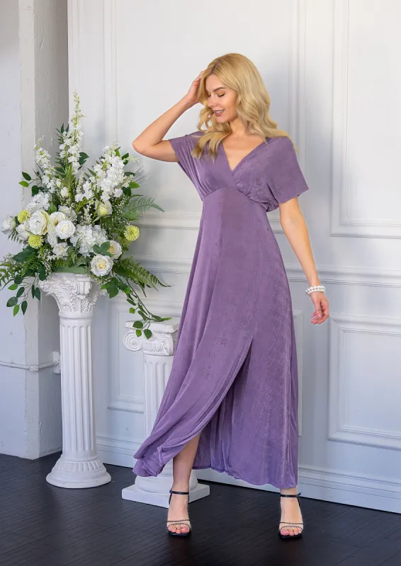 Womens Flutter Sleeve Metallic Knit Maxi Dress Front Slit Empire Waist sold by 24/7 Comfort Apparel