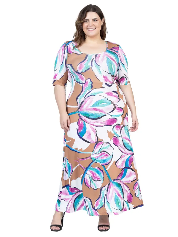 Plus Size Pink Floral Elbow Sleeve Casual A Line Maxi Dress sold by 24/7 Comfort Apparel