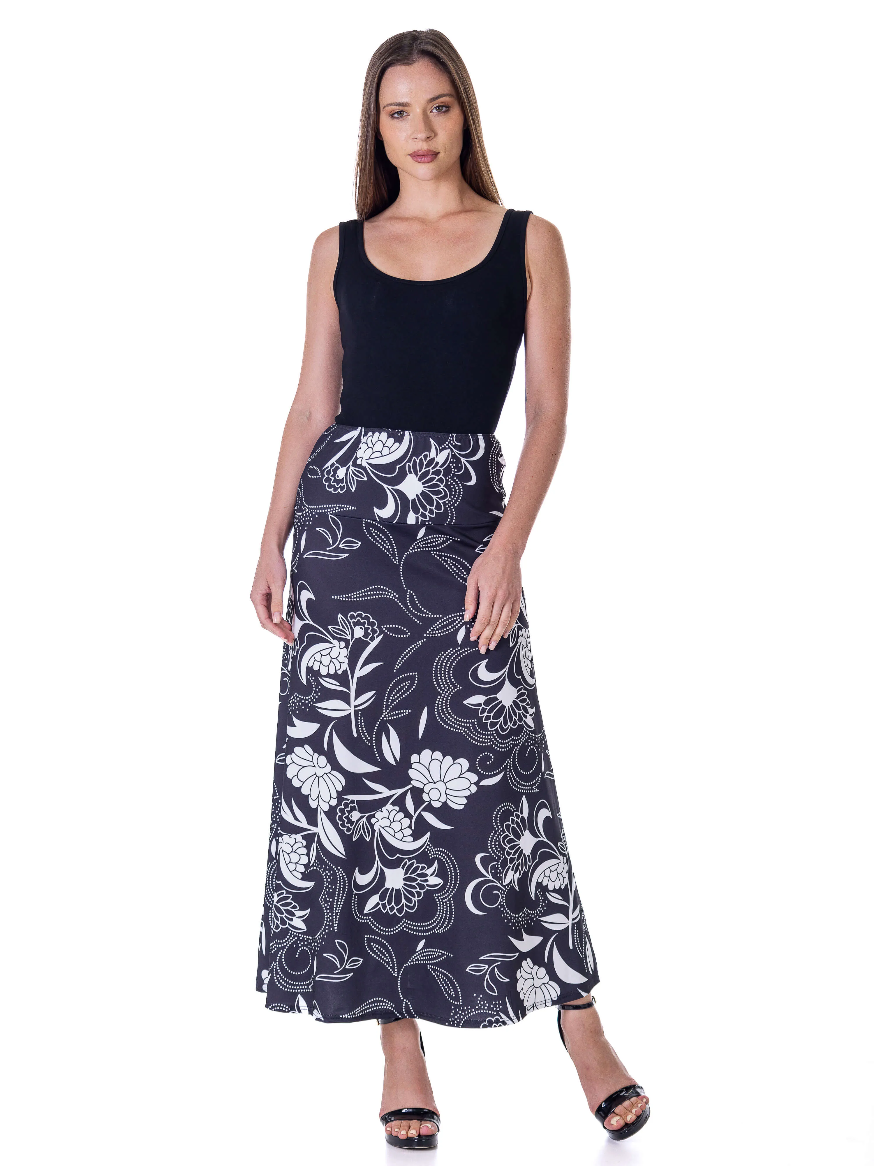 Black and White Floral Elastic Waist Ankle Length Comfortable Maxi Skirt sold by 24/7 Comfort Apparel product image thumbnail 4