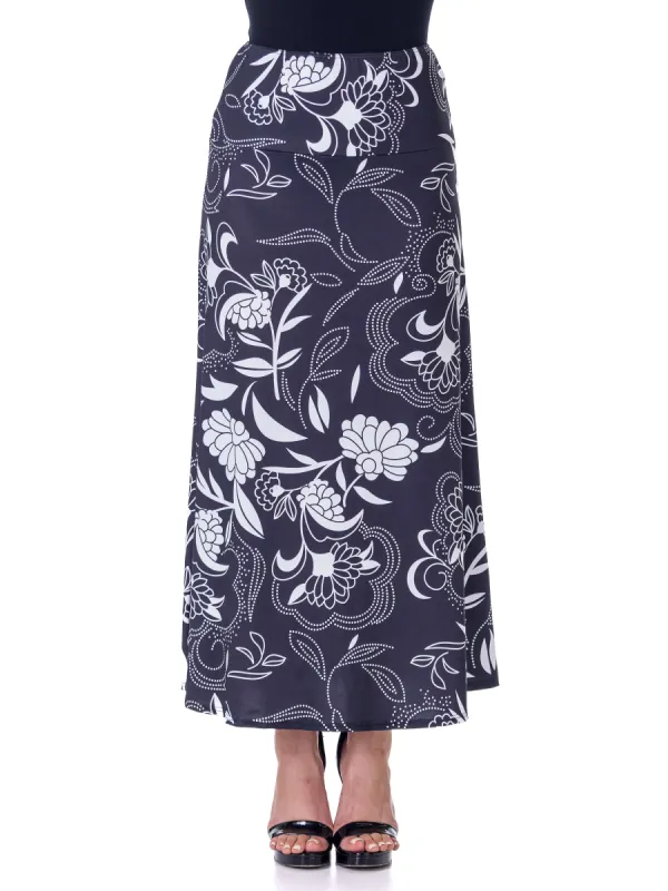 Black and White Floral Elastic Waist Ankle Length Comfortable Maxi Skirt sold by 24/7 Comfort Apparel