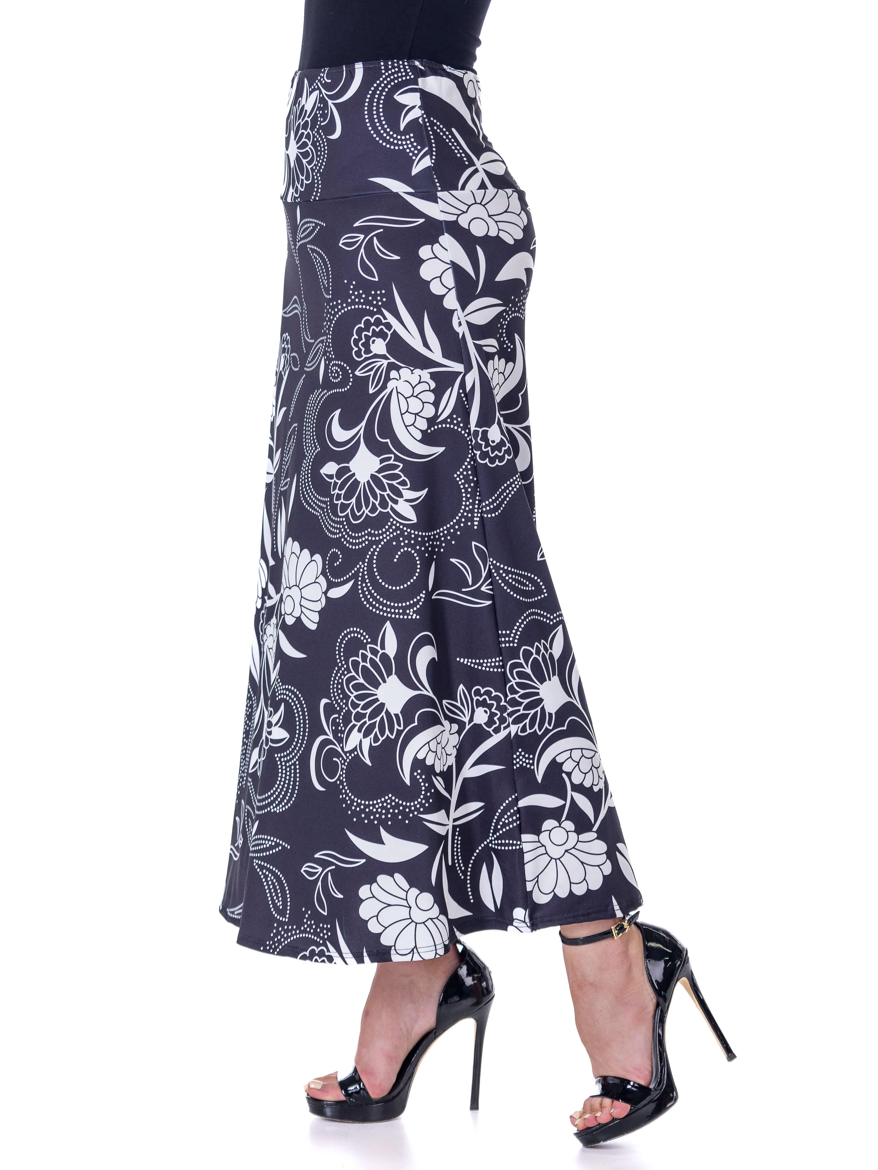 Black and White Floral Elastic Waist Ankle Length Comfortable Maxi Skirt sold by 24/7 Comfort Apparel product image thumbnail 2