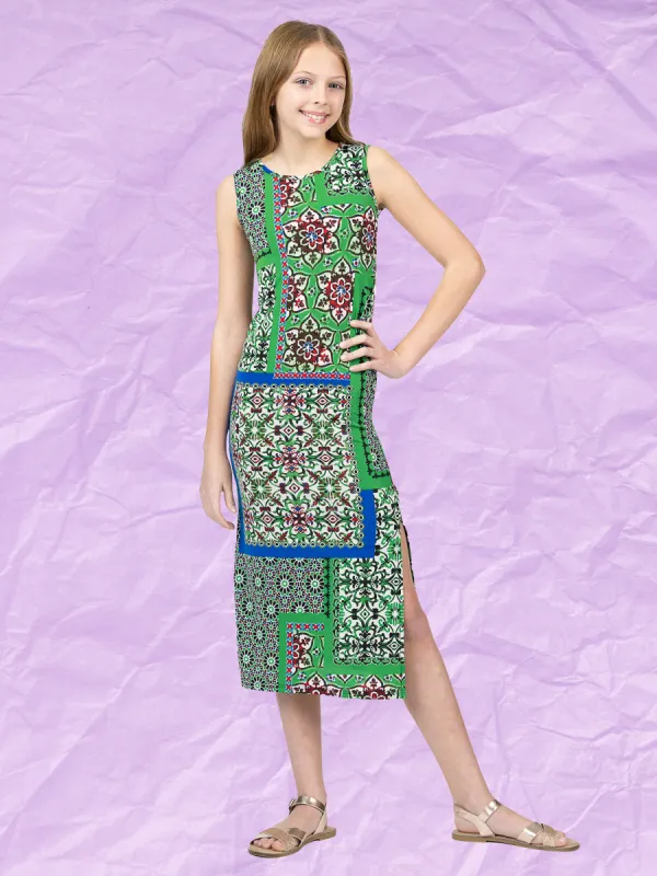 24sevenkid Girls Green Scarf Print Side Slit Maxi Dress sold by 24/7 Comfort Apparel