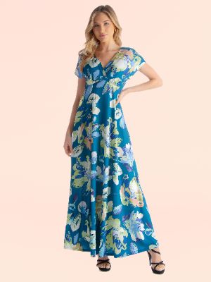 Blue Floral Print V Neck Cap Sleeve Flowy Empire Waist Maxi Dress sold by 24/7 Comfort Apparel