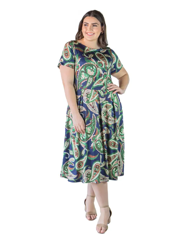 Plus Size Green Paisley Short Sleeve Pleated Fit and Flare Midi Pocket Dress sold by 24/7 Comfort Apparel
