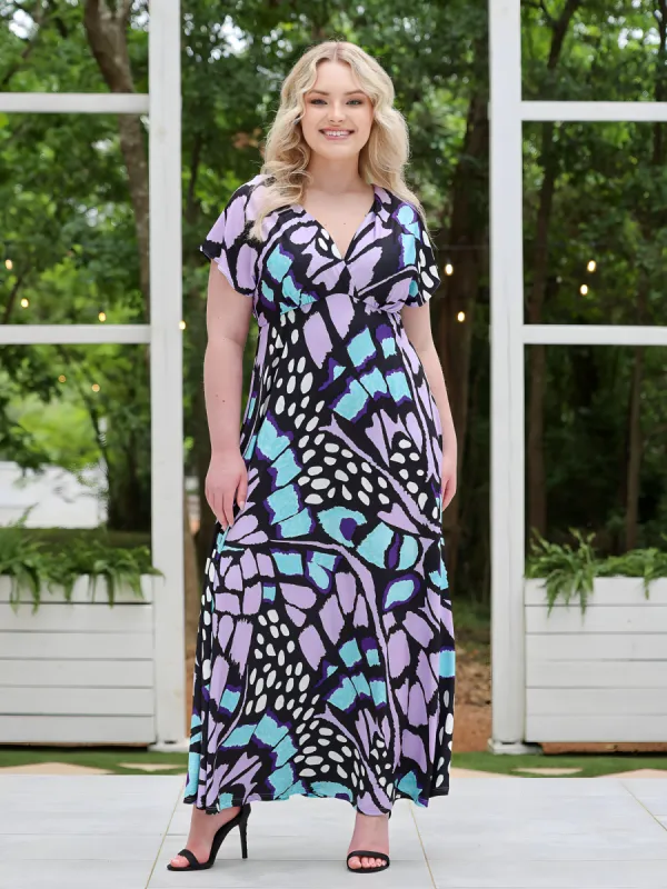 Plus Size Purple Butterfly Print V Neck Cap Sleeve Flowy Empire Waist Maxi Dress sold by 24/7 Comfort Apparel