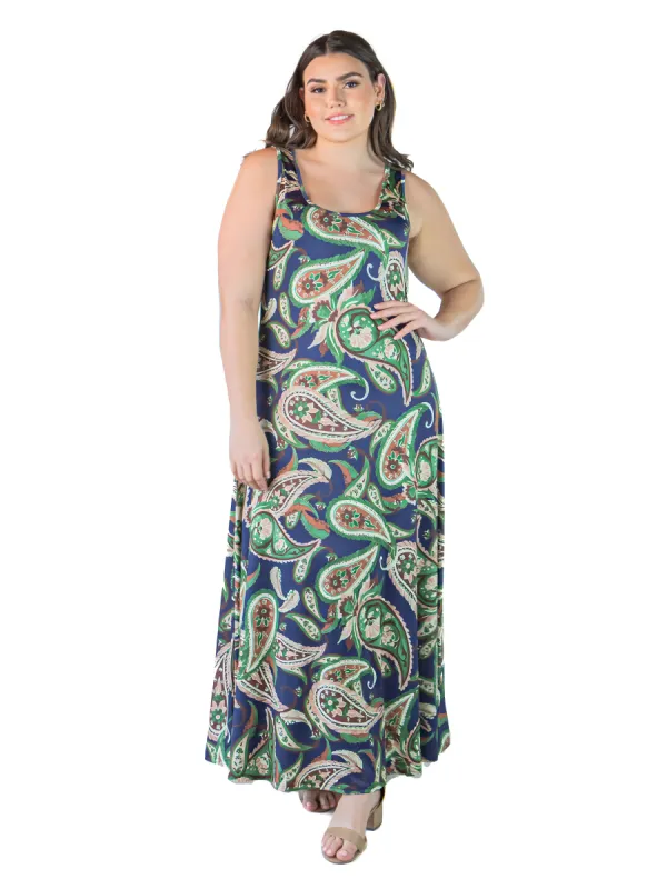 Plus Size Green Paisley Print Sleeveless Loose Long Casual Maxi Dress sold by 24/7 Comfort Apparel