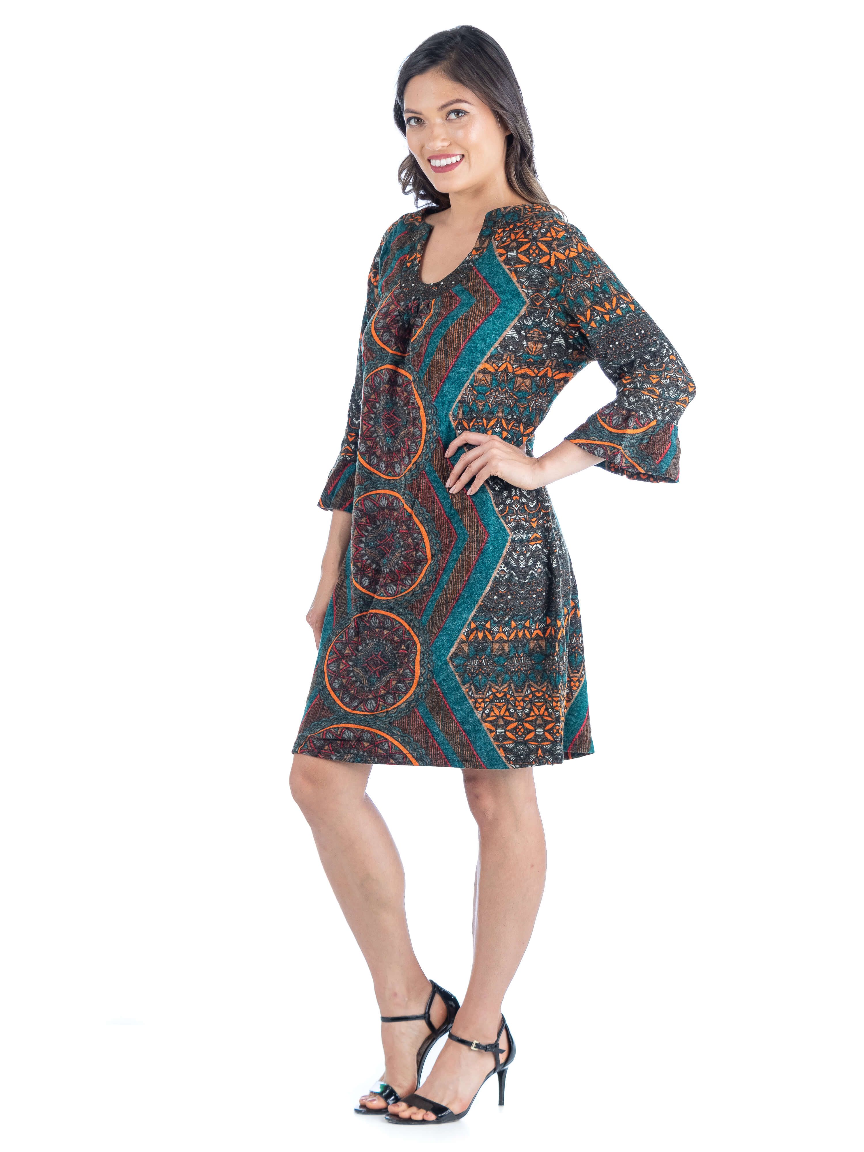 24seven Comfort Apparel Teal Geometric Print Trumpet Sleeve Shift Dress sold by 24/7 Comfort Apparel product image thumbnail 2