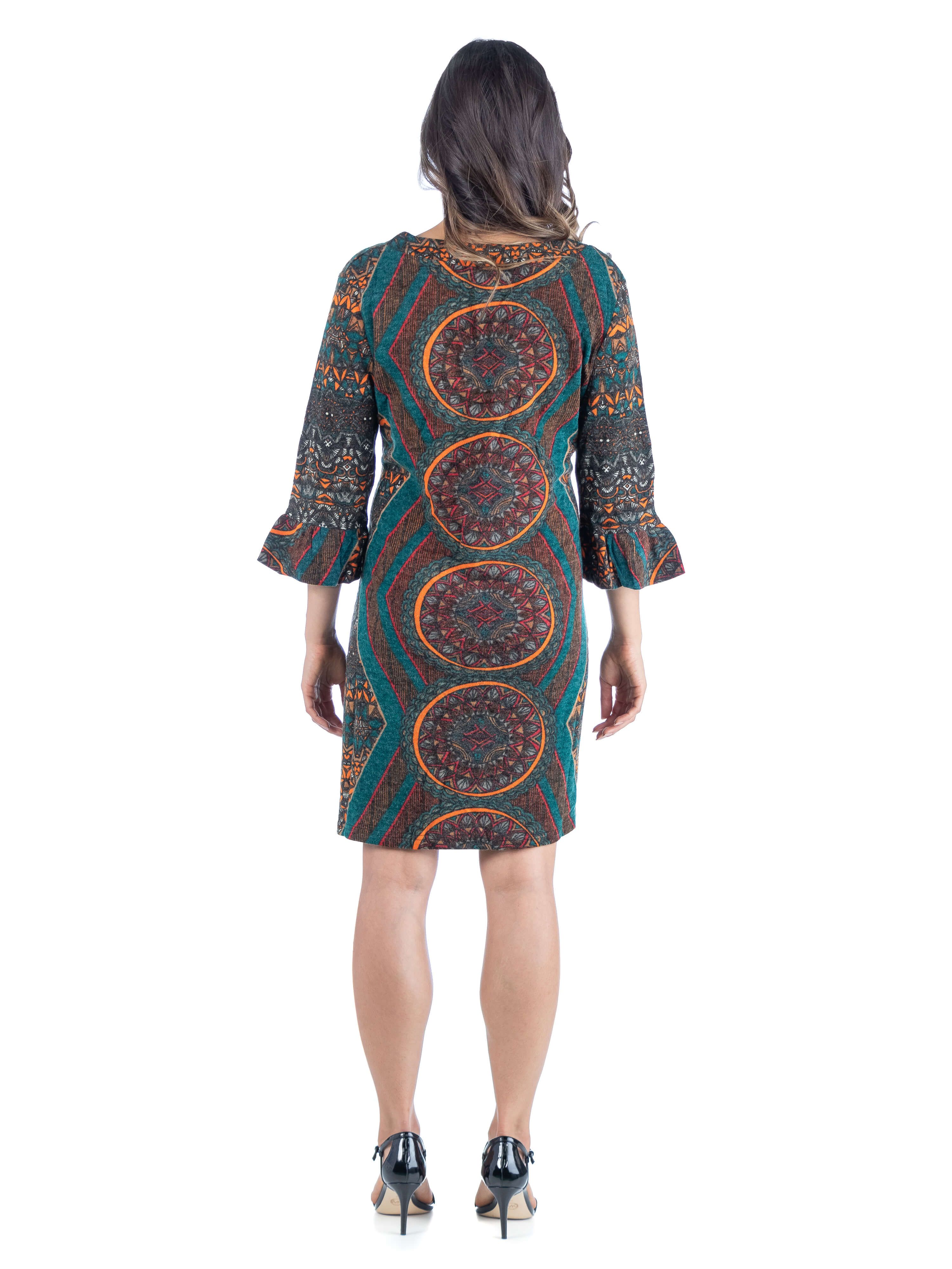 24seven Comfort Apparel Teal Geometric Print Trumpet Sleeve Shift Dress sold by 24/7 Comfort Apparel product image thumbnail 3