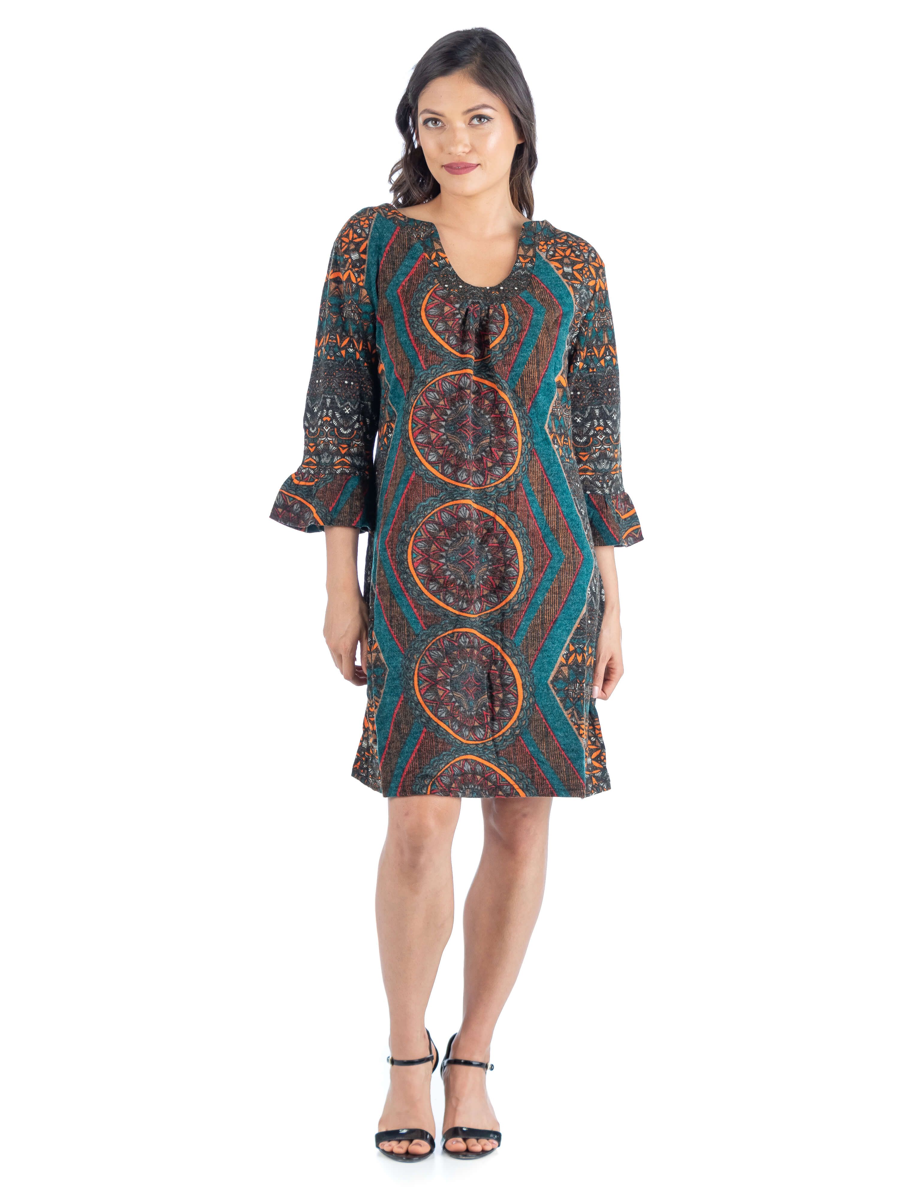 24seven Comfort Apparel Teal Geometric Print Trumpet Sleeve Shift Dress sold by 24/7 Comfort Apparel