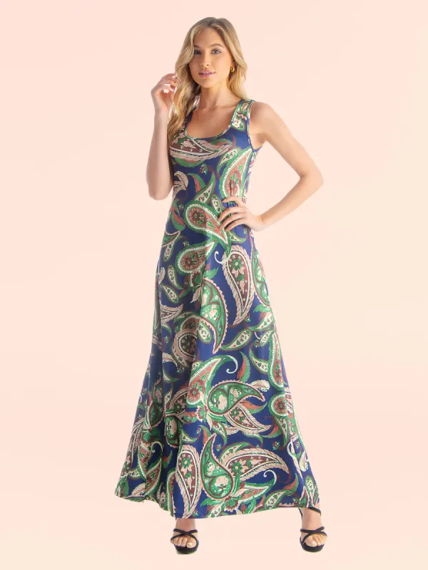 Womens Green Paisley Print Sleeveless Loose Long Casual Maxi Dress sold by 24/7 Comfort Apparel