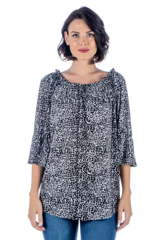 Black Animal Print Elastic Neckline Tunic Top sold by 24/7 Comfort Apparel