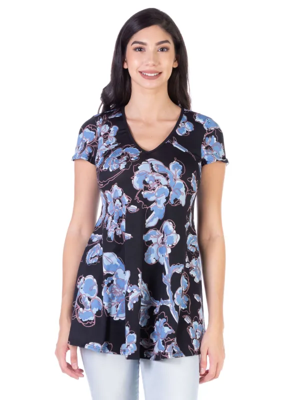 Blue Floral Short Sleeve V Neck Casual T Shirt Tunic Top sold by 24/7 Comfort Apparel