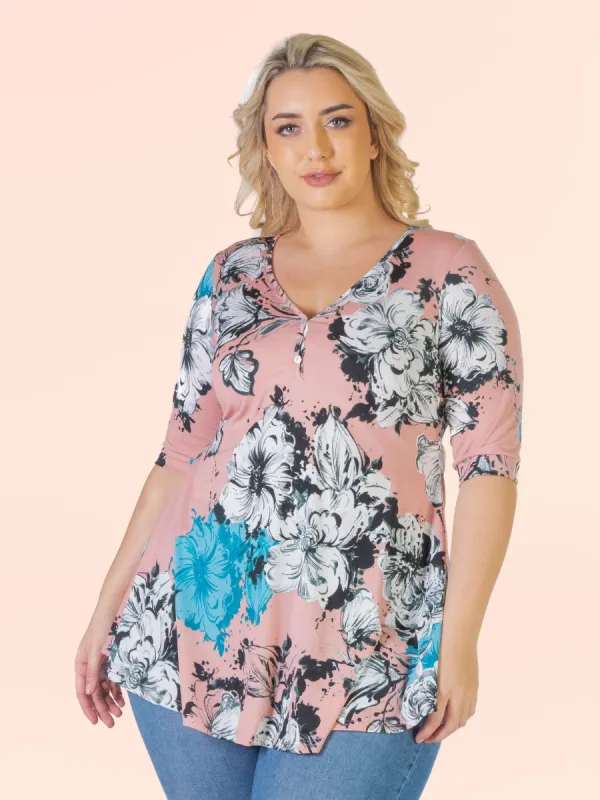 Pink Floral Elbow Sleeve Henley Plus Size Tunic Top sold by 24/7 Comfort Apparel