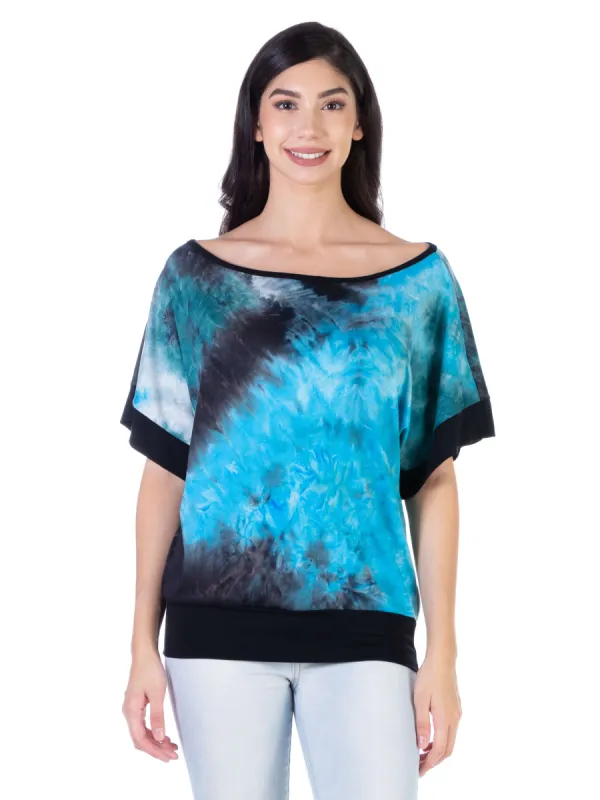 Teal Tie Dye Boatneck Loose Fit Womens Top sold by 24/7 Comfort Apparel