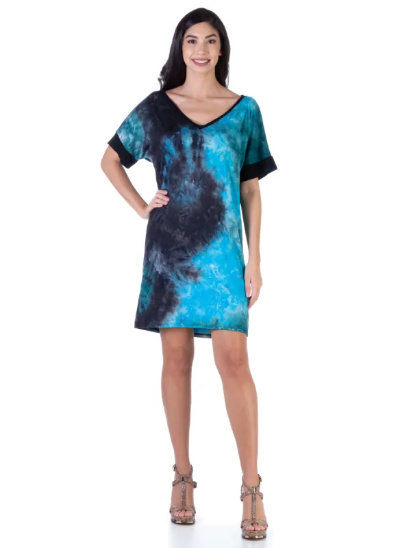 Loose Fit Casual Teal Tie Dye Knee Length T Shirt Dress sold by 24/7 Comfort Apparel