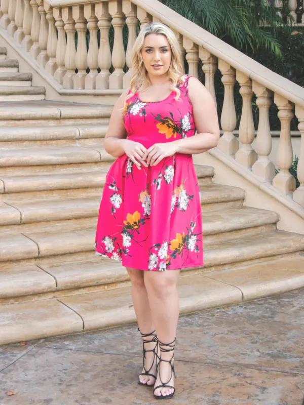 Floral Fuchsia Plus Size Sleeveless Knee Length Pocket Dress sold by 24/7 Comfort Apparel