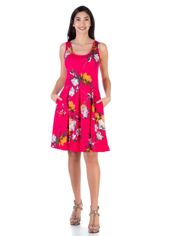 Floral Fuchsia Sleeveless Pleated Knee Length Pocket Dress sold by 24/7 Comfort Apparel