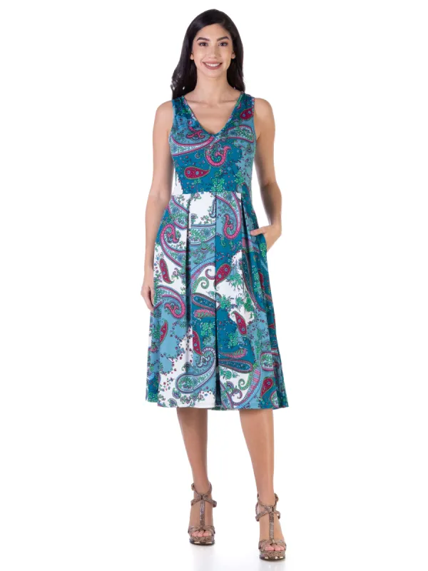 Blue Sleeveless Midi Length Fit and Flare Pocket Dress sold by 24/7 Comfort Apparel