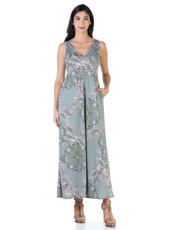 Paisley Sleeveless Pleated Maxi Dress With Pockets sold by 24/7 Comfort Apparel