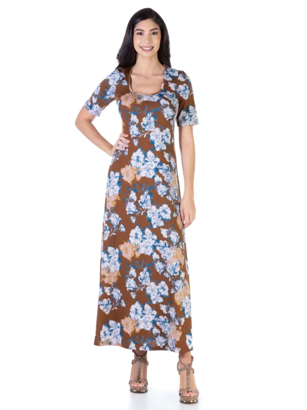 Womens Floral Elbow Sleeve Loose Long Casual Maxi Dress sold by 24/7 Comfort Apparel