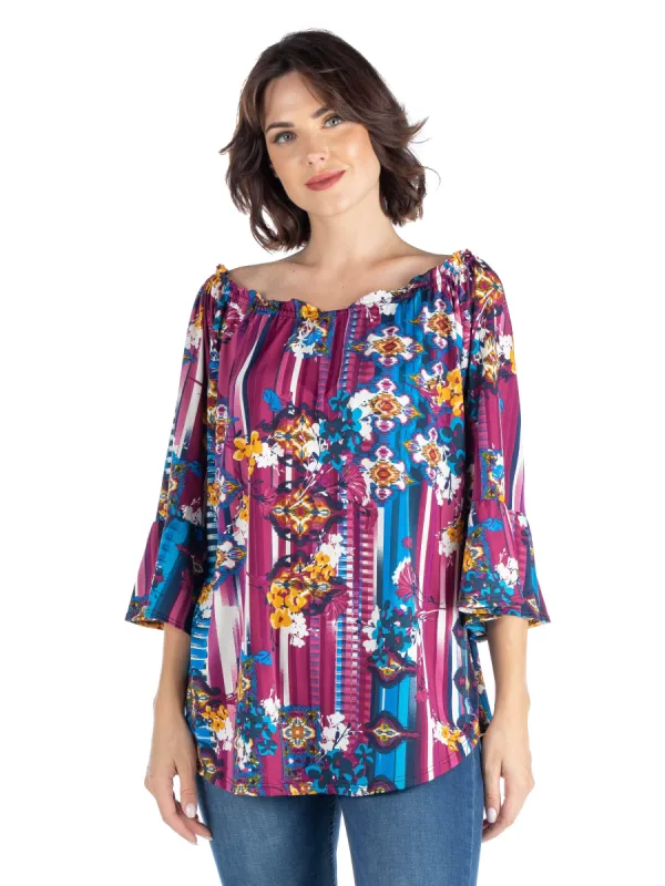 Floral Flare Sleeve Elastic Neckline Tunic Tops sold by 24/7 Comfort Apparel