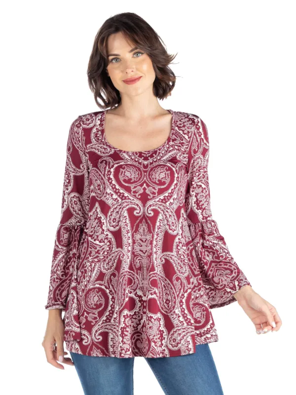Wine Paisley Trumpet Sleeve Tunic Top sold by 24/7 Comfort Apparel