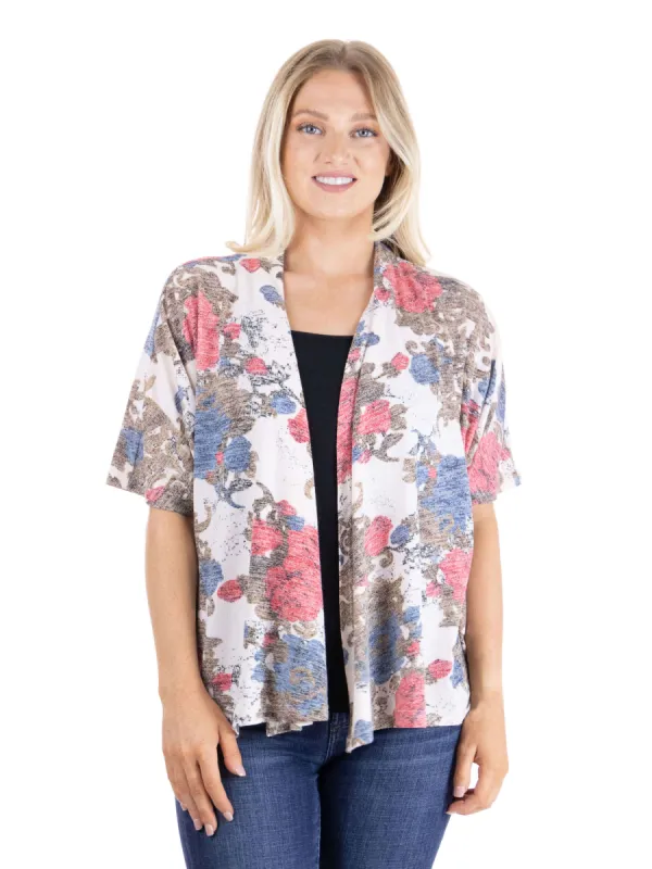 Short Sleeve Open Front Rose Print Cardigan sold by 24/7 Comfort Apparel