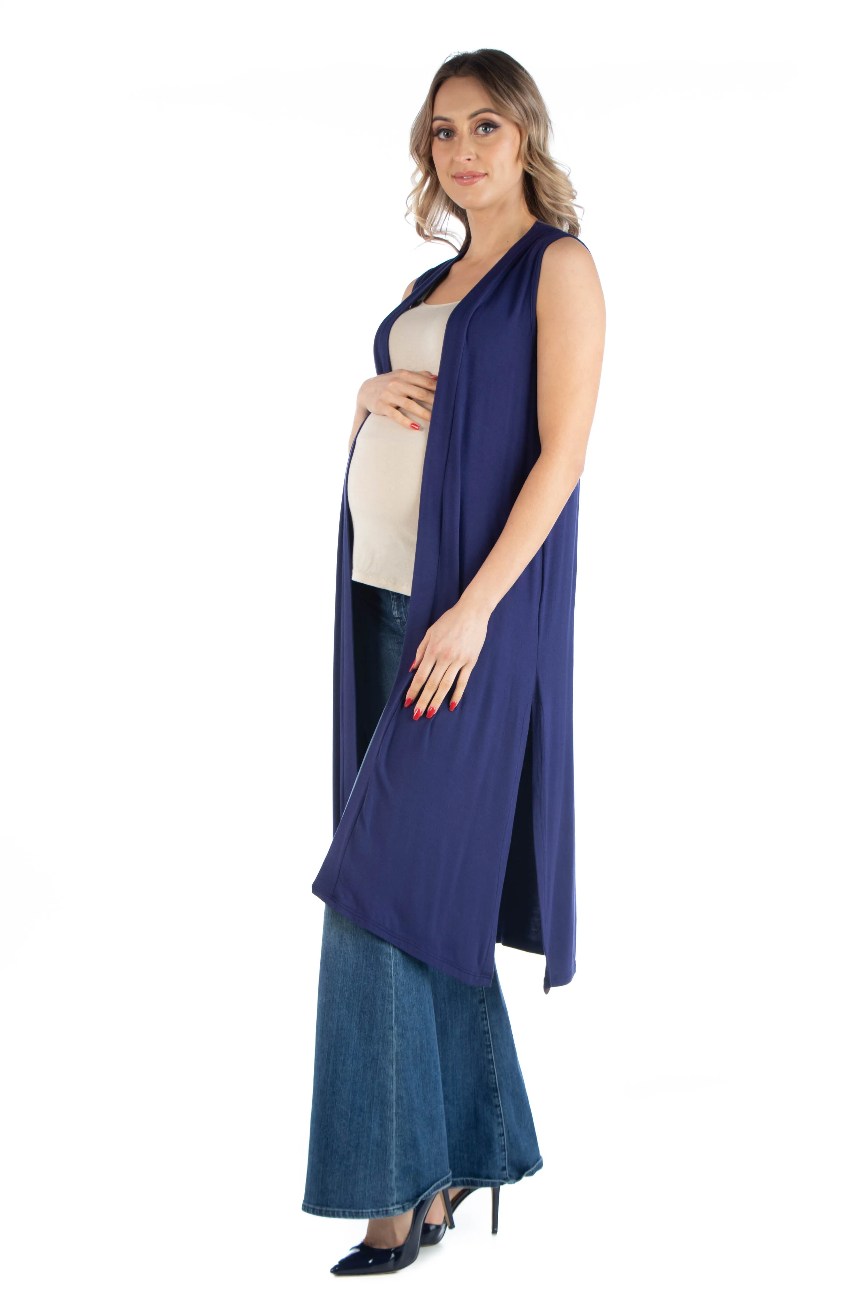 Sleeveless Long Maternity Cardigan with Side Slit sold by 24/7 Comfort Apparel