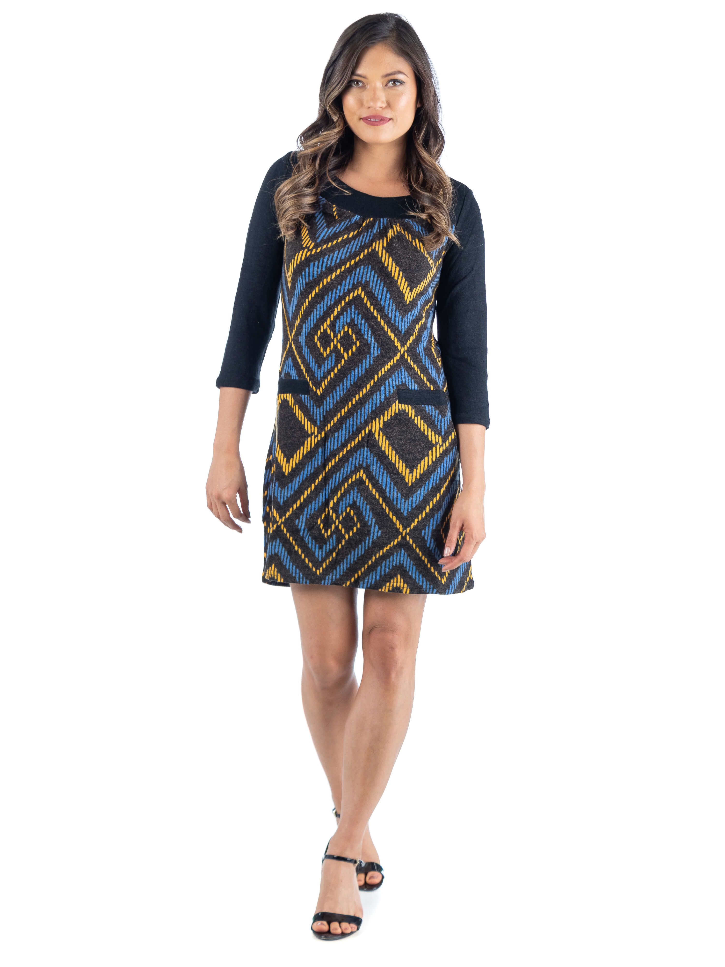 24seven Comfort Apparel Blue Three Quarter Sleeve Pocket Shift Dress sold by 24/7 Comfort Apparel