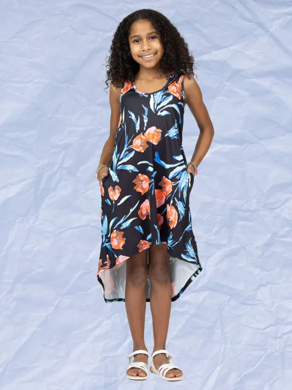 24sevenkid Girls Black Floral High Low Sleeveless Pocket Dress sold by 24/7 Comfort Apparel