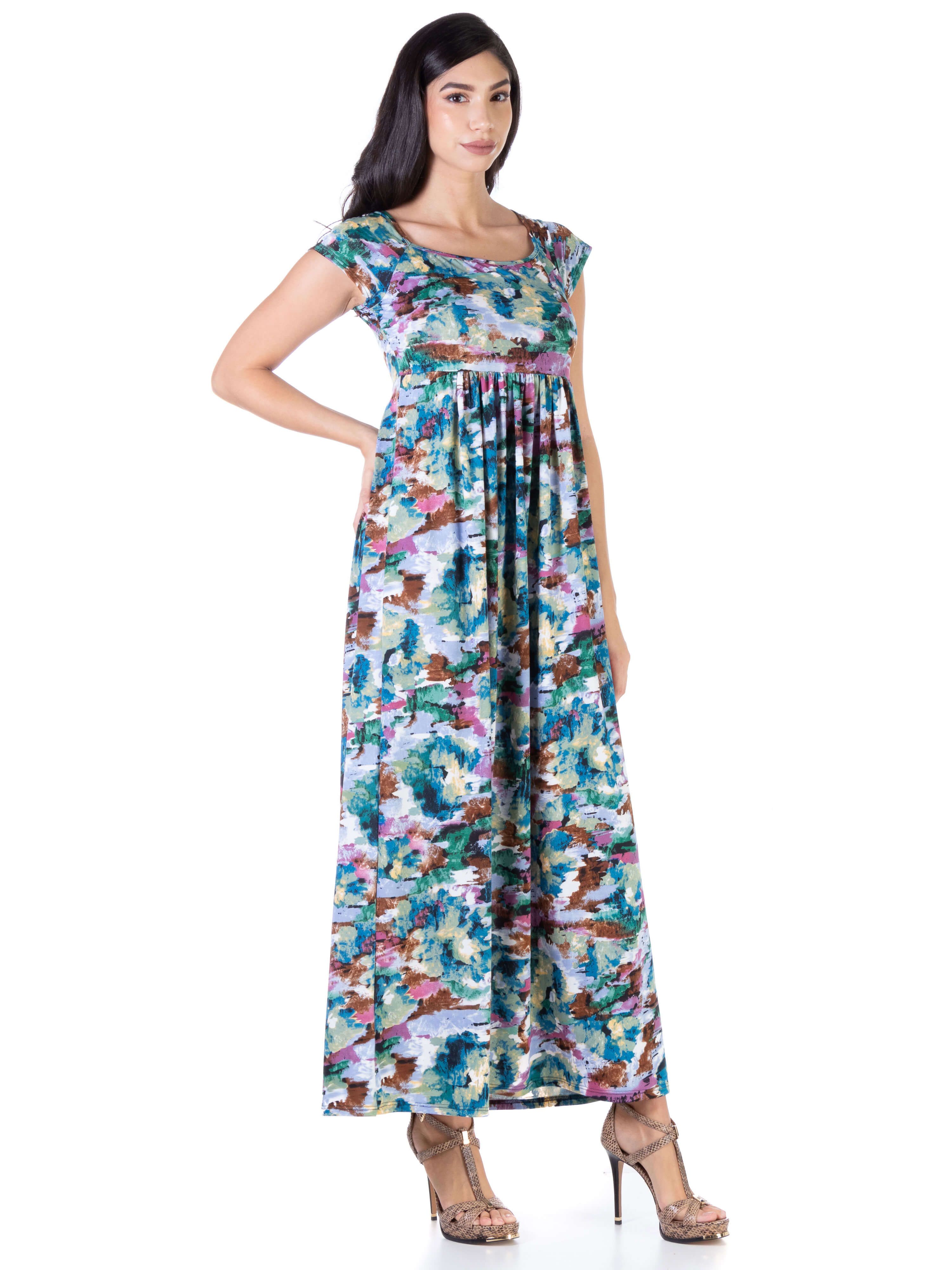 Multicolor Cap Sleeve Pleated Flowy Empire Waist Maxi Dress sold by 24/7 Comfort Apparel product image thumbnail 2