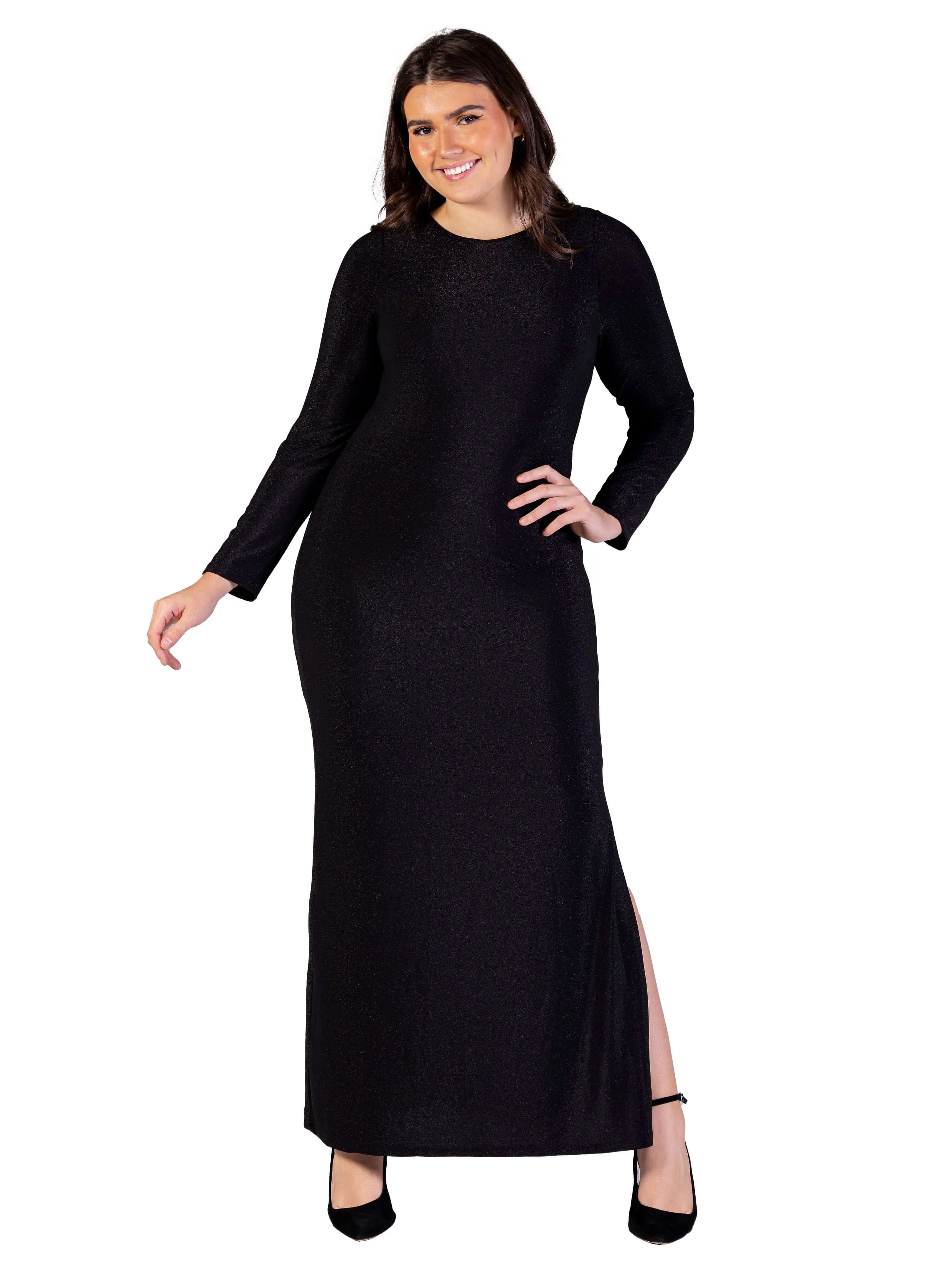 Plus Size Fitted Long Sleeve Shimmery Fabric Side Slit Maxi Dress sold by 24/7 Comfort Apparel product image thumbnail 5