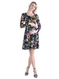 Maternity Black Floral Long Sleeve Knee Length Dress sold by 24/7 Comfort Apparel