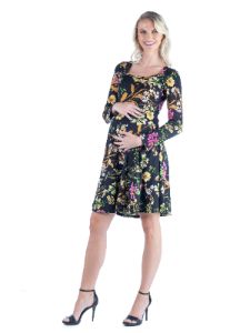 Maternity Black Floral Long Sleeve Knee Length Dress sold by 24/7 Comfort Apparel