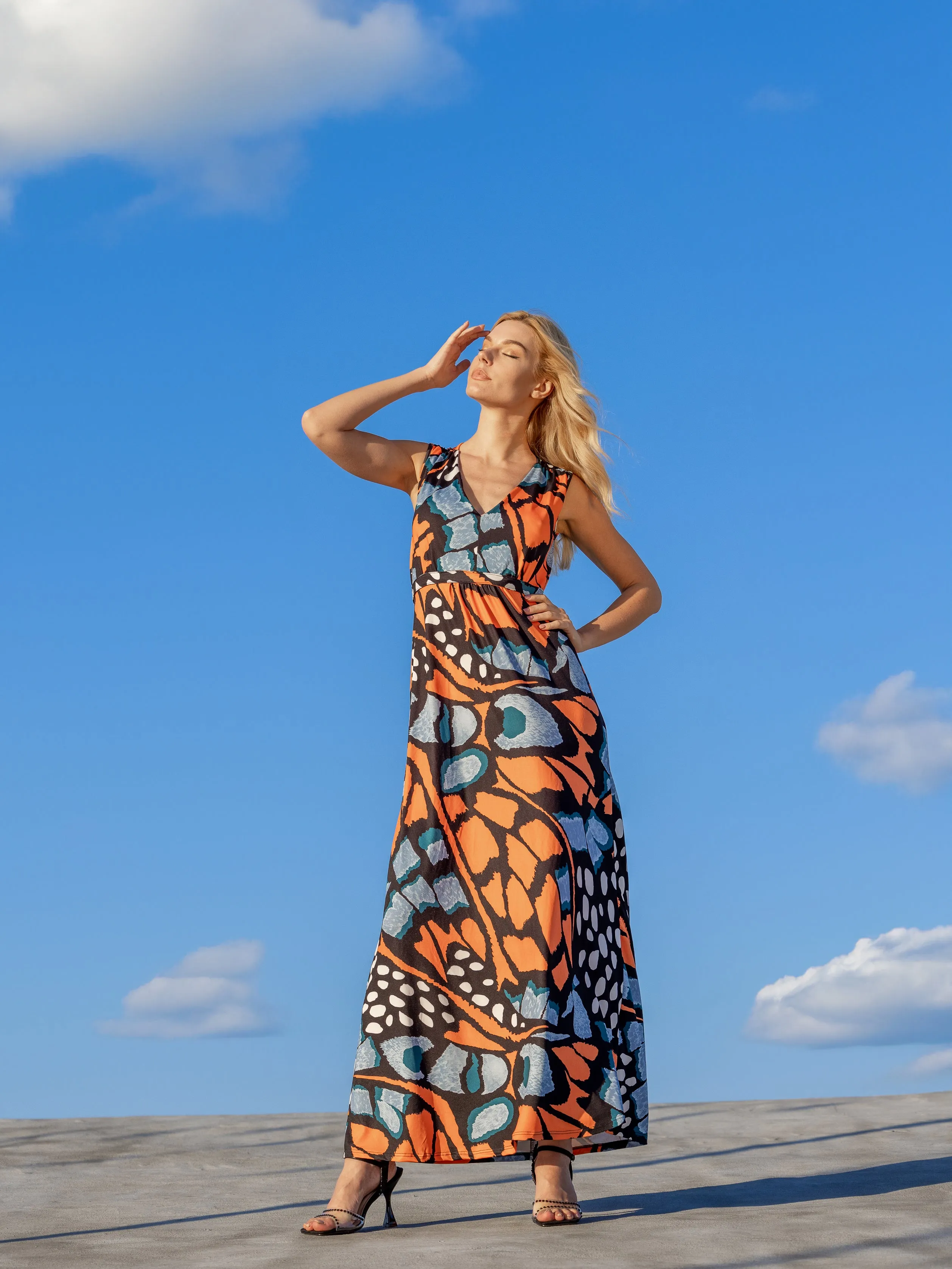 Womens Orange Butterfly Print V Neck Tie Back Empire Waist Sleeveless Maxi Dress sold by 24/7 Comfort Apparel product image thumbnail 2