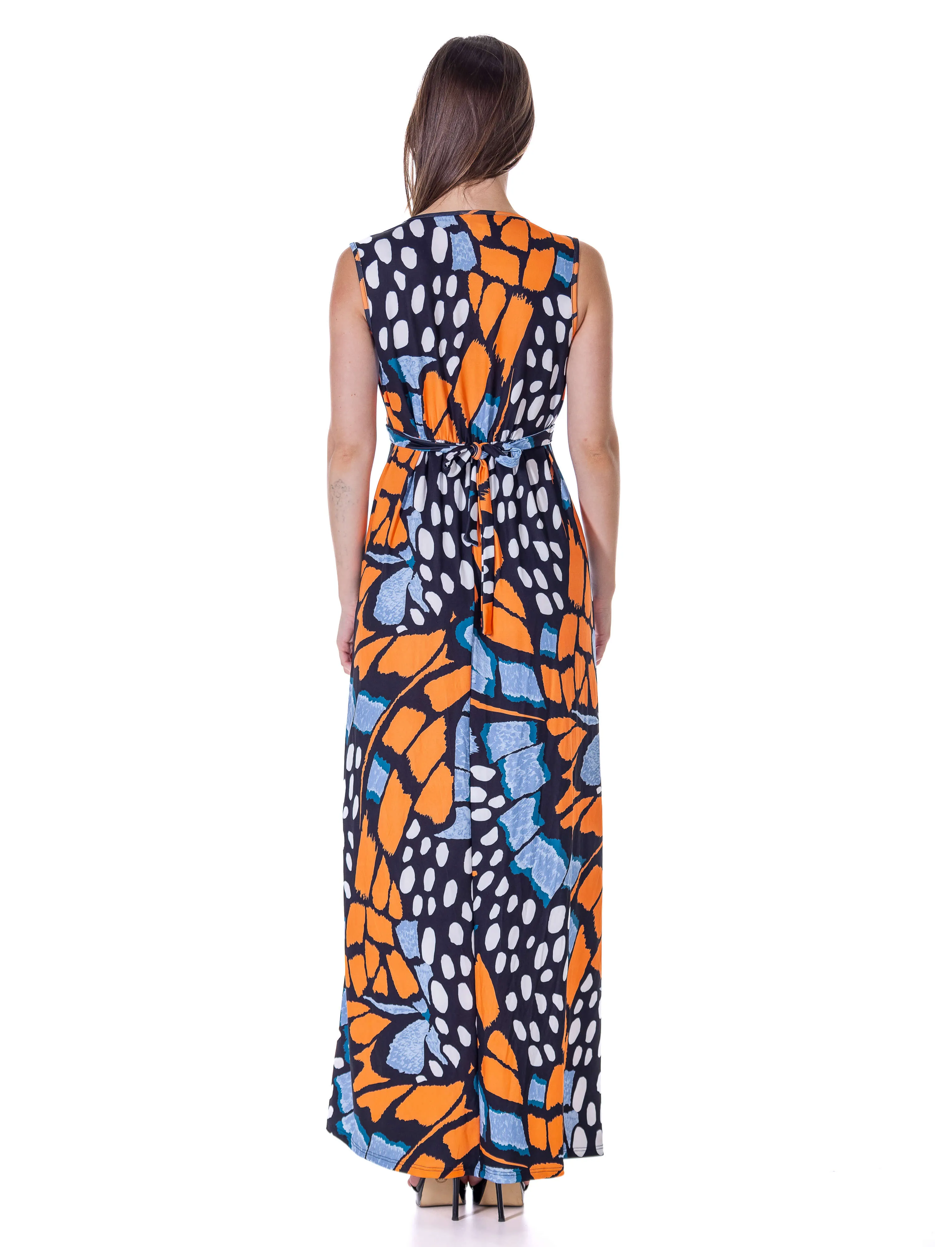 Womens Orange Butterfly Print V Neck Tie Back Empire Waist Sleeveless Maxi Dress sold by 24/7 Comfort Apparel product image thumbnail 5