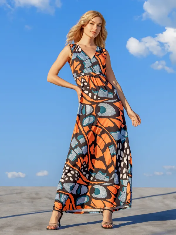 Womens Orange Butterfly Print V Neck Tie Back Empire Waist Sleeveless Maxi Dress sold by 24/7 Comfort Apparel