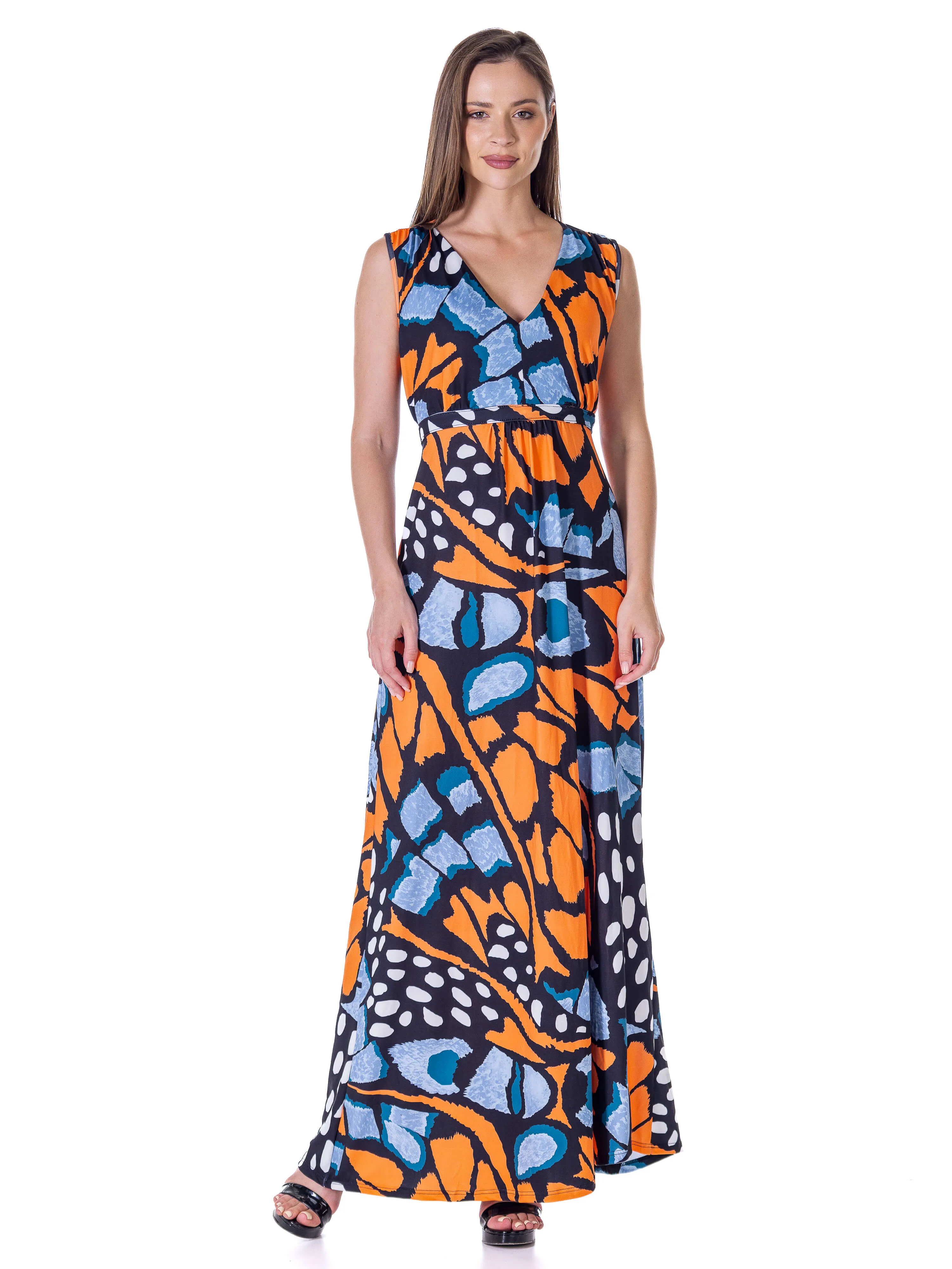 Womens Orange Butterfly Print V Neck Tie Back Empire Waist Sleeveless Maxi Dress sold by 24/7 Comfort Apparel product image thumbnail 3