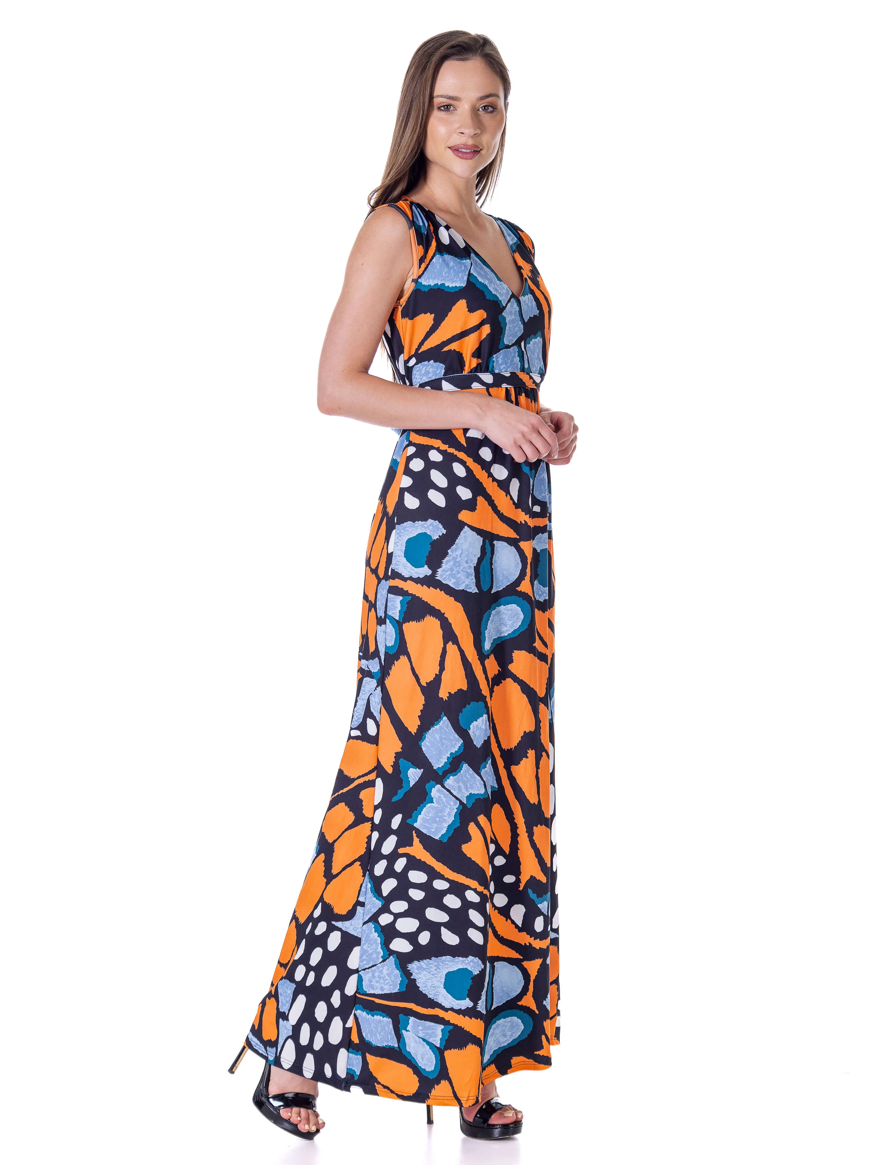 Womens Orange Butterfly Print V Neck Tie Back Empire Waist Sleeveless Maxi Dress sold by 24/7 Comfort Apparel product image thumbnail 4