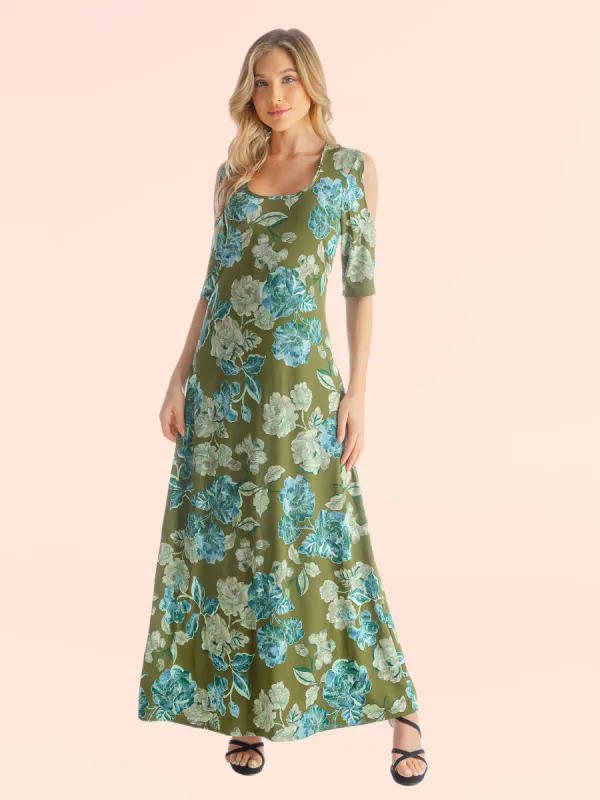 Green Floral Cold Shoulder Flowy Casual Maxi Dress sold by 24/7 Comfort Apparel